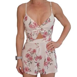 Spring Bloom Crepe Floral Twist Romper White & Pink Size XS